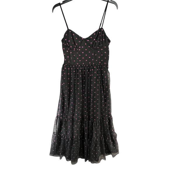 Betsey Johnson Corset Midi Dress 8 Black Lip Print Tulle Mesh Whimsical Romantic - Picture 3 of 15